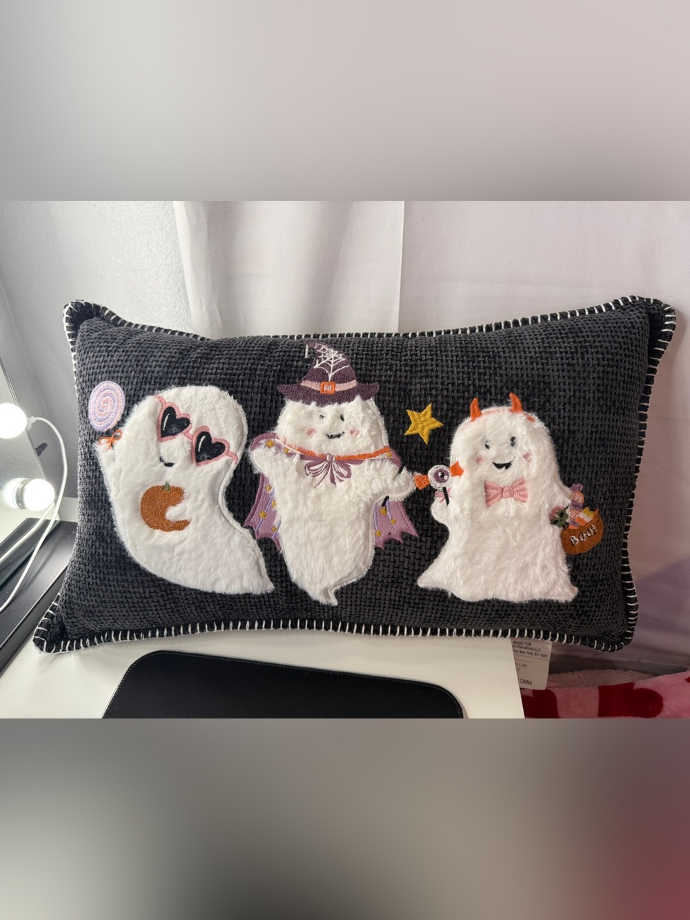 Envogue Halloween Ghost Lumbar Pillow Plush Applique Woven Charcoal Gray 14x24